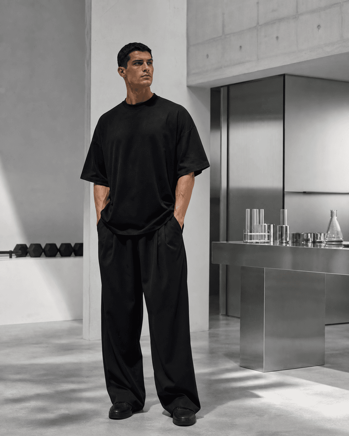 Model wearing RUOWEAR in a modern clinical training space